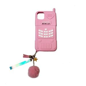 Babypink Pink Retro Silicone Telephone iPhone 11 Pro Max Case with Fuzzy Charm